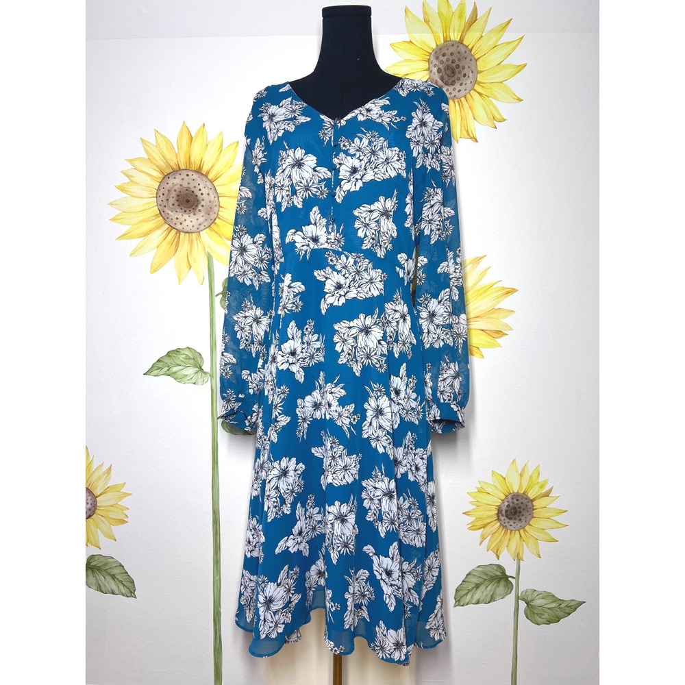 Ann Taylor Teal Blue Floral V-Neck Midi Dress Long Sleeve Size 12